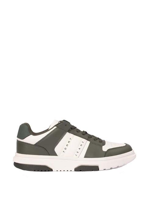TOMMY JEANS Leather Cupsole Baskets en cuir vert &eacute;tain/&eacute;cru - Chaussures Homme