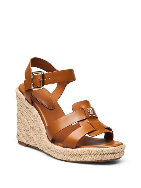 TH Sandales compens&eacute;es espadrilles hautes en cuir marron cognac - Chaussures Femme