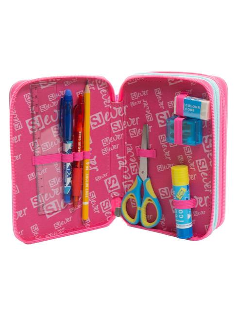 EVER Trousse 3 zips avec trousse scolaire RHODAMINE RED - Étuis et Accessoires