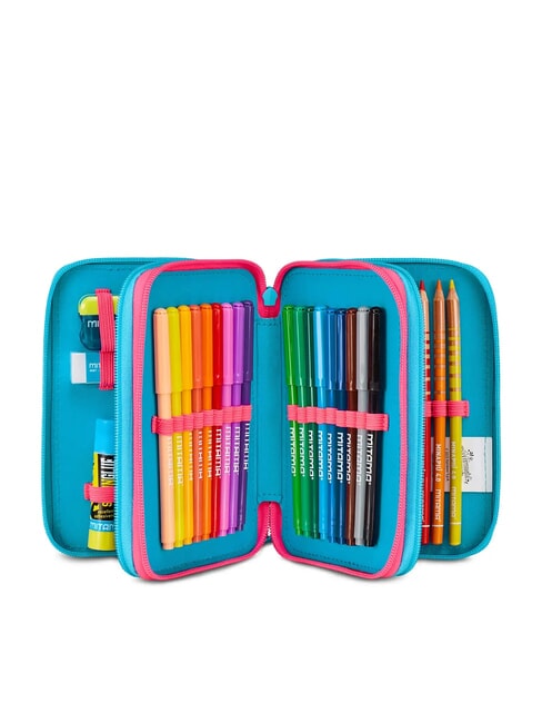 FEVER Trousse à crayons 3 zips avec trousse scolaire Fluo turquoise - Étuis et Accessoires