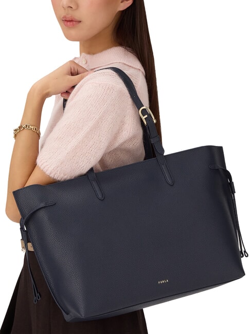 AVA Grand sac de courses en cuir bleu encre + bleu encre intérieur. - Sacs pour Femme