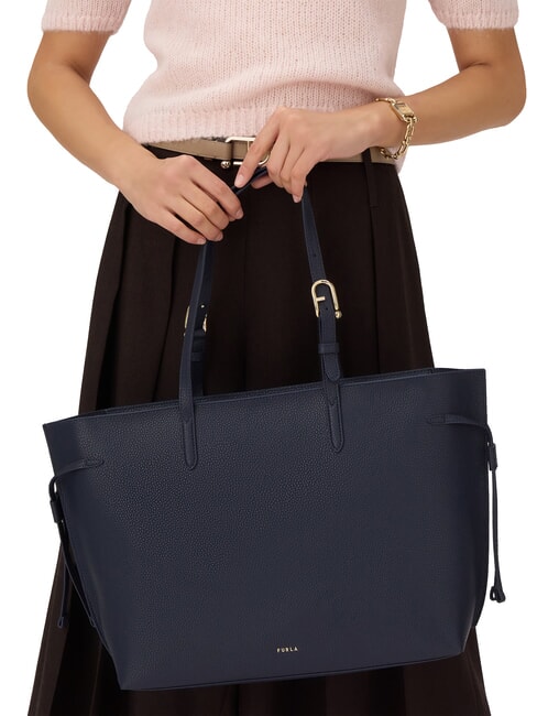 AVA Grand sac de courses en cuir bleu encre + bleu encre intérieur. - Sacs pour Femme