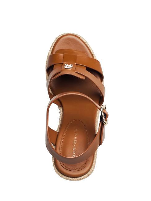 TH Sandales compens&eacute;es espadrilles hautes en cuir marron cognac - Chaussures Femme