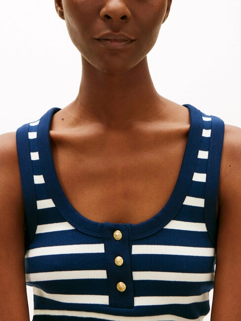 HENLEY D&eacute;bardeur &agrave; 3 boutons marine nuit blanche rayures bretonnes - T-shirt