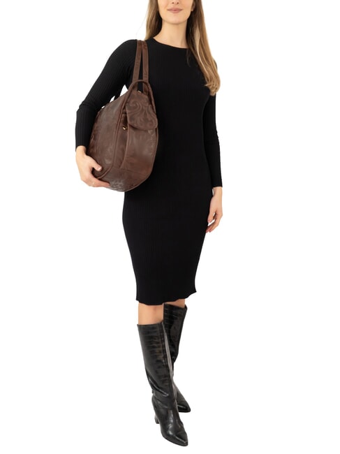 TRIO Sac &agrave; dos cartable en cuir damass&eacute; brun damas - Sacs pour Femme