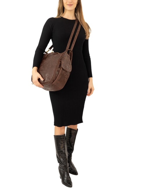 TRIO Sac &agrave; dos cartable en cuir damass&eacute; brun damas - Sacs pour Femme