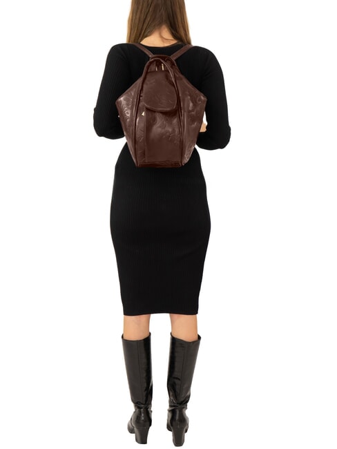 TRIO Sac &agrave; dos cartable en cuir damass&eacute; brun damas - Sacs pour Femme