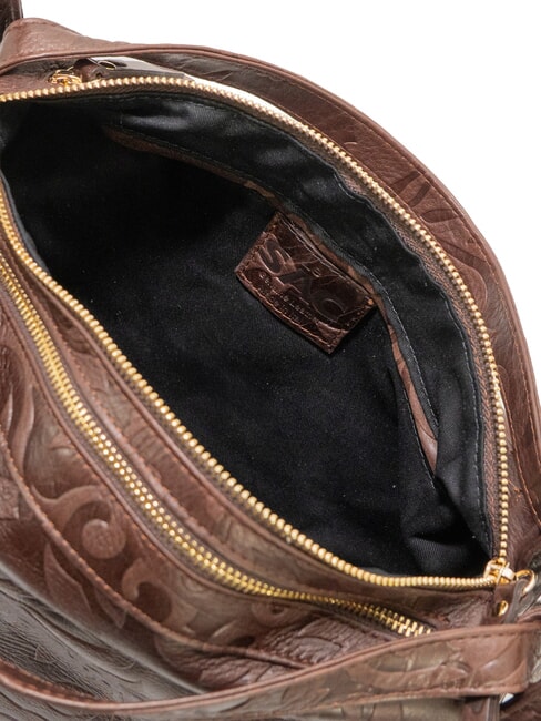 TRIO Sac &agrave; dos cartable en cuir damass&eacute; brun damas - Sacs pour Femme