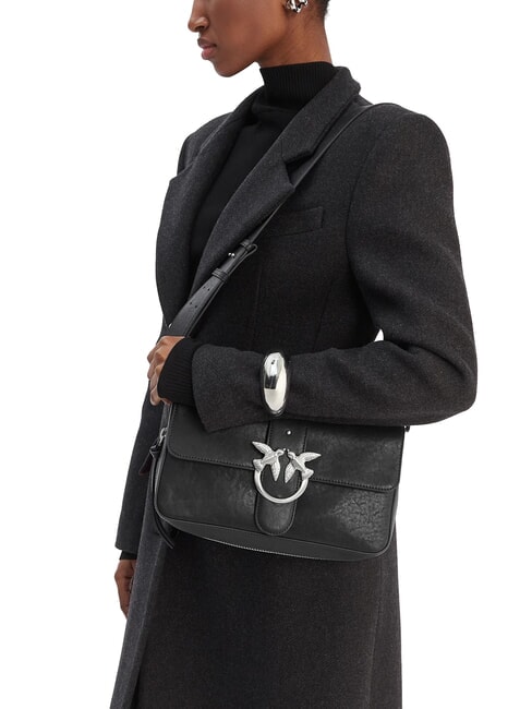 LOVE ONE sac bandouli&egrave;re en cuir limousine noire - argent mat - Sacs pour Femme