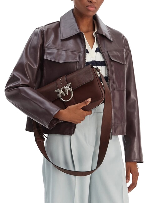 LOVE ONE sac bandouli&egrave;re en cuir ch&acirc;taigne brun argent mat - Sacs pour Femme