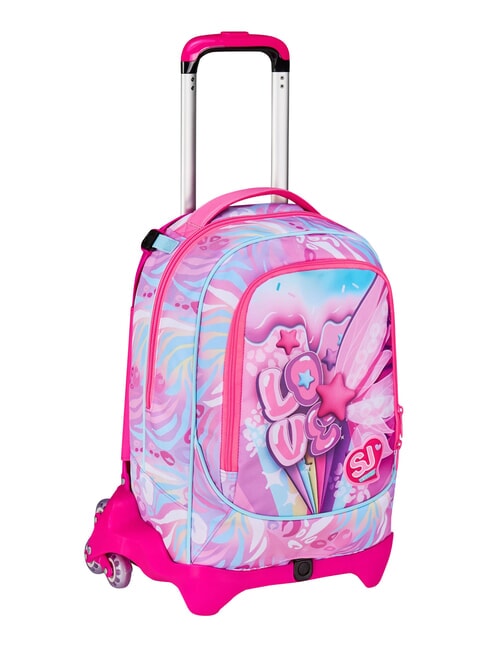 PLUSHY RABBIT Sac &agrave; dos trolley &agrave; 3 roues, amovible poup&eacute;e rose - Sacs &agrave; dos &agrave; roulettes