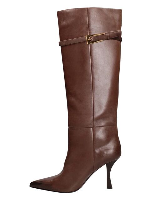 ME25 Bottes hautes en cuir, talon de 9 cm brun fonc&eacute; - Chaussures Femme