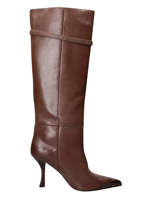 ME25 Bottes hautes en cuir, talon de 9 cm brun fonc&eacute; - Chaussures Femme