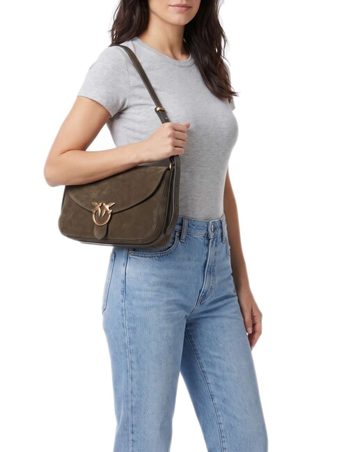 LOVE SATCHEL Sac bandouli&egrave;re en cuir su&eacute;d&eacute; vert olive fonc&eacute; - or antique - Sacs pour Femme